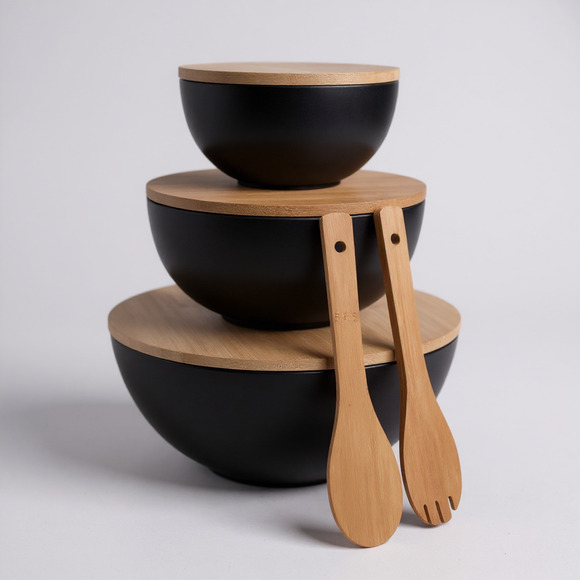 Bamboo Serving Bowl Set with Cutting Board Lids - TWO SETS - Picture 2 of 6